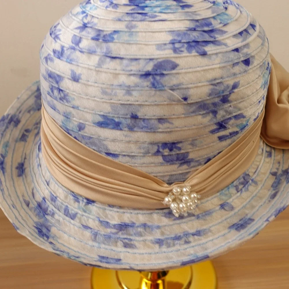 Vintage Kentucky Derby Hat Blue Breton Church Floral Organza Bow Pearl Brooch - Picture 7 of 11